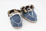 Cozy Toez Laced Blue Leather w/ Leopard Fur Collar